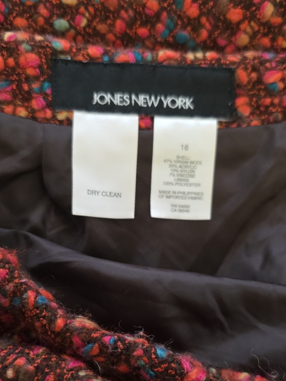 Jones New York Multicolor Tweed Blazer in Brown with Pink & Teal Accents